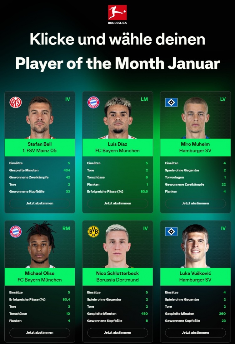 麻将-德甲1月最佳候选：奥利塞、迪亚斯、施洛特贝克、武什科维奇领衔